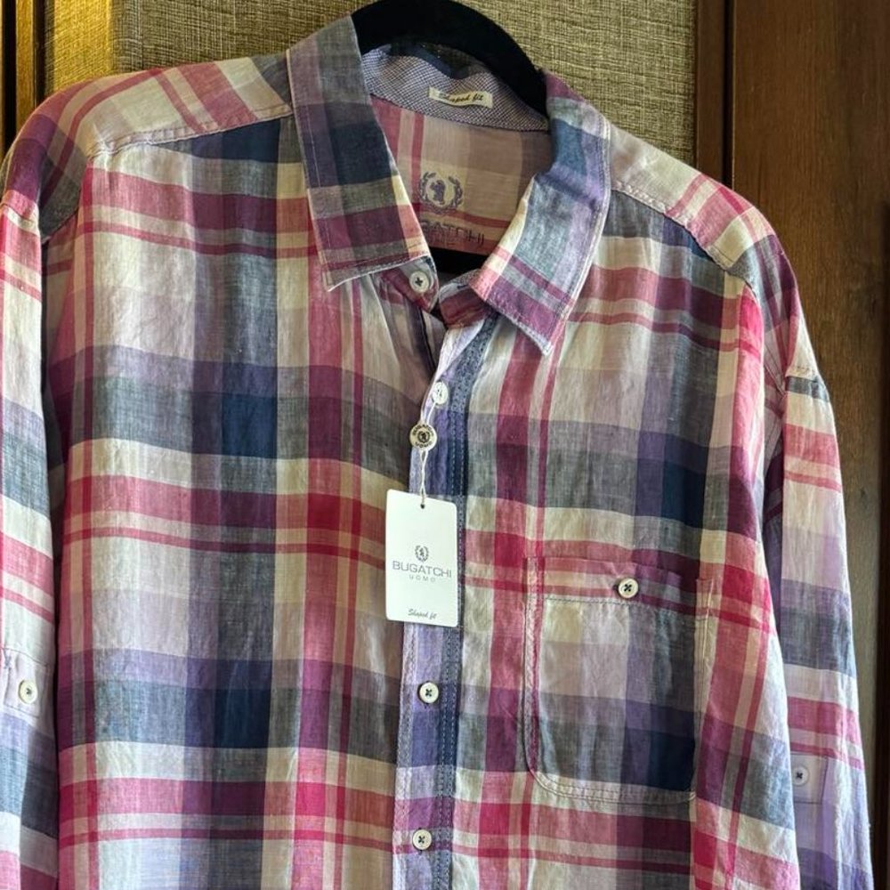 Bugatchi men's plaid shirt, 100% linen, XXL, Shaped Fit